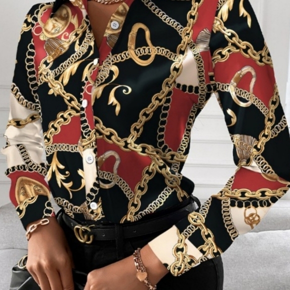 Classy Chain Print Long Sleeve Button Up Blouse - Picture 1 of 4